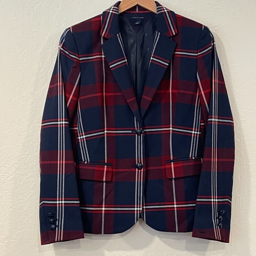 ~ Tommy Hilfiger Preppy 6 Plaid Blazer Navy Blue Red Academia Jacket Collegiate - Picture 2 of 14